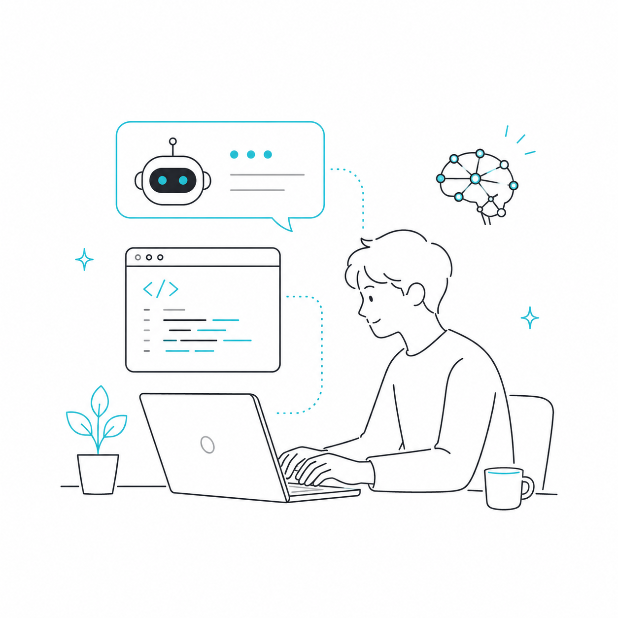 AIプログラミングを学ぶ人のイラスト