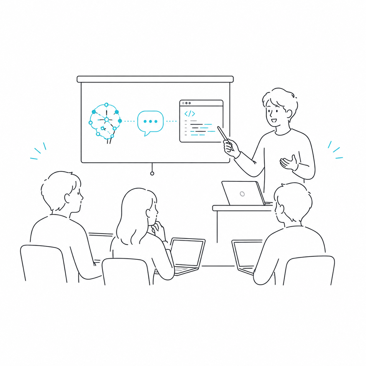 AIセミナーで登壇する様子のイラスト